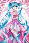  absurdres bad_id bad_pixiv_id bare_shoulders bear_hair_ornament blue_eyes blue_hair breasts cleavage cleavage_cutout dress elbow_gloves eyebrows eyebrows_visible_through_hair gloves hair_ornament hatsune_miku highres long_hair medium_breasts pink_dress solo thighhighs twintails very_long_hair vocaloid white_gloves white_legwear zqzqy 