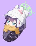  1girl animal_ears beanie blue_archive blush cheenack chibi fake_animal_ears green_eyes green_halo halo hat highres open_mouth purple_background purple_hair rabbit_ears saki_(blue_archive) scarf short_hair simple_background solo white_hat yellow_scarf 