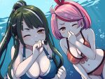  2girls ;t air_bubble bare_arms bare_shoulders bikini blue_bikini breasts brown_eyes bubble cleavage closed_mouth commentary_request commission green_hair hair_ribbon hairband holding_breath large_breasts long_hair multicolored_hair multiple_girls navel one_eye_closed original pink_hair pixiv_commission ponytail red_bikini red_eyes red_hair red_hairband red_ribbon revision ribbon streaked_hair swimsuit tsunaso_(lack_of_sunlight) underwater very_long_hair water white_hair 
