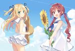  2girls blonde_hair blush clouds flowers green_eyes hazuki_watora loli original panties peko photoshop ribbons seifuku shimotsuki_potofu sky sunflower twintails underwear 