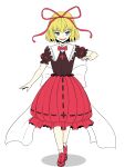  1girl :d black_shirt blonde_hair blue_eyes bow bowtie commentary frilled_skirt frills hair_ribbon highres kakone looking_at_viewer medicine_melancholy open_mouth red_bow red_bowtie red_footwear red_ribbon red_skirt ribbon shirt short_hair short_sleeves skirt smile solo touhou 
