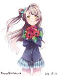  2016 bangs blazer bouquet bow chiigo commentary_request cowboy_shot crossed_arms dated flower green_bow grey_hair hair_bow happy_birthday holding holding_bouquet jacket long_hair long_sleeves looking_at_viewer love_live! love_live!_school_idol_project minami_kotori one_side_up plaid plaid_skirt pleated_skirt side_bun simple_background skirt smile solo white_background yellow_eyes 