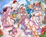  3girls ahoge alternate_costume animal_ears ankle_lace-up anklet arm_behind_back ass bare_legs bare_shoulders barefoot beach bikini braid breasts closed_eyes cloud cloudy_sky commentary_request cross-laced_footwear dark_skin day demon_horns dragon draph ears_through_headwear erune flower from_behind granblue_fantasy hair_ornament heles hibiscus horns iwagami jewelry large_breasts lavender_hair long_hair looking_at_viewer low_twintails medium_breasts midriff multiple_girls narmaya_(granblue_fantasy) navel one-piece_swimsuit outdoors palm_leaf palm_tree percival_(granblue_fantasy) pointy_ears red_eyes red_hair sand sandals short_hair silver_hair single_braid sitting sky standing swimsuit thigh_strap thighs tree twintails very_long_hair white_bikini white_hair white_swimsuit yellow_eyes zooey_(granblue_fantasy) 