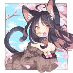  1girl ahoge animal_ear_fluff animal_ears bare_shoulders black_hair blue_sky blurry blurry_background branch brown_eyes brown_hair brown_sweater cat_ears cat_girl cat_tail cloud commentary_request daidai_ookami dango day depth_of_field flower food food_in_mouth highres long_hair long_sleeves looking_at_viewer mouth_hold multicolored_hair off-shoulder_sweater off_shoulder original pink_flower ribbed_sweater sanshoku_dango sky sleeves_past_fingers sleeves_past_wrists solo streaked_hair sweater tail wagashi 