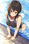  1girl amagami arm_support black_eyes black_hair black_one-piece_swimsuit blue_one-piece_swimsuit breasts closed_mouth collarbone competition_swimsuit from_above highleg highleg_swimsuit highres looking_at_viewer medium_breasts nanasaki_ai nasubin_(nasubisamurai15) one-piece_swimsuit partially_submerged pool short_hair smile solo swimsuit two-tone_swimsuit water 