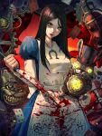  1girl absurdres alice_liddell_(american_mcgee&#039;s_alice) american_mcgee&#039;s_alice apron black_hair blood blood_on_clothes blood_on_weapon blue_dress cheshire_cat_(alice_in_wonderland) dress green_eyes highres horseshoe_necklace long_hair short_sleeves solo_focus weapon white_apron xuuikie_ashe 