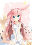  animal_ears bare_arms bare_shoulders barefoot blue_eyes blush bunny_ears commentary_request dress eyebrows eyebrows_visible_through_hair hair_between_eyes highres indian_style kushida_you long_hair looking_up original parted_lips pink_hair sitting solo stuffed_toy v_arms wariza white_dress 