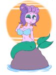 2020 blue_eyes breasts cala_maria cuphead_(game) digital_media_(artwork) elfdrago eyelashes eyeshadow female fin green_eyeshadow hi_res lipstick makeup marine merfolk navel one_eye_closed pink_body simple_background sitting smile solo split_form tail tail_fin water