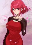  absurdres artist_name black_sleeves blurry blurry_background blurry_foreground breasts chest_jewel collarbone cowboy_shot dress falling_petals highres jewelry karian909 large_breasts looking_at_viewer petals pyra_(xenoblade) red_dress red_eyes red_hair ring short_hair sweater sweater_dress xenoblade_chronicles_(series) xenoblade_chronicles_2 