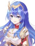  1girl :d armor blue_eyes blue_hair breastplate caeda_(fire_emblem) caeda_(marth&#039;s_faithful)_(fire_emblem) cape dress fire_emblem fire_emblem:_mystery_of_the_emblem fire_emblem_heroes hair_between_eyes highres long_hair looking_at_viewer n_54 official_alternate_costume open_mouth red_dress shoulder_armor sidelocks smile solo tiara upper_body white_background 