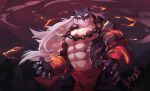  1boy abs absurdres bara claws closed_mouth fangs furry furry_male highres long_hair looking_at_viewer male_focus muscular muscular_male pectorals red_eyes sdorica solo tiger_boy topless_male white_hair yao_(sdorica) yed_(yedsilent) 