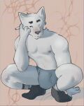  anthro big_bulge big_pecs blush bulge canid canine cigarette clothing crouching dawson_(lb3) footwear fur hi_res lb3 male mammal muscular muscular_male pecs socks solo thick_thighs underwear white_body white_fur 