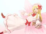  1girl blonde_hair bow bowtie capelet commentary dress full_body hat highres kakone lily_white long_hair long_sleeves looking_at_viewer open_mouth pink_wings red_bow red_bowtie red_footwear solo touhou white_background white_capelet white_dress wings 