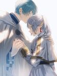  1boy 1girl blue_tunic capelet cloak closed_eyes closed_mouth collared_shirt colored_eyelashes commentary commentary_request crying dangle_earrings dress drop_earrings earrings elf frieren green_eyes grey_cloak hand_on_another&#039;s_back hetero highres himmel_(sousou_no_frieren) holding jewelry kiss kissing_forehead long_hair parted_bangs pointy_ears see-through shirt short_hair simple_background sousou_no_frieren tears twintails white_capelet white_cloak white_dress white_hair yoichi_hnkn 