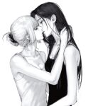  2girls bare_arms bare_shoulders breasts camisole chinese_commentary cleavage closed_eyes eyelashes greyscale hair_bun hand_in_another&#039;s_hair highres imminent_kiss kny_yy long_hair mole mole_on_cheek mole_under_eye monochrome multiple_girls original short_hair sidelocks simple_background small_breasts upper_body white_background yuri 