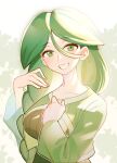  1girl =_(9_yawbus) blush braid breasts cheryl_(pokemon) collarbone dress green_dress green_eyes green_hair grin hair_between_eyes highres large_breasts long_hair long_sleeves pokemon pokemon_dppt simple_background smile solo teeth very_long_hair white_background 