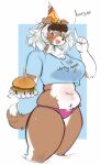  anthro belly big_breasts birthday breasts brown_body brown_fur burger canid canine canis clothed clothing collie colored digital_drawing_(artwork) digital_media_(artwork) domestic_dog english_text female food fur geeswest hair half-length_portrait hat headgear headwear herding_dog hi_res looking_at_viewer mammal nancy_(geeswest) panties party_hat pastoral_dog portrait sheepdog shirt simple_background smile solo t-shirt tail text thighs topwear underwear white_body white_fur 