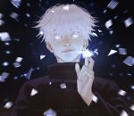  1boy 2021 black_jacket blue_eyes crossed_fingers dated fingernails gojou_satoru hand_up high_collar highres jacket jujutsu_kaisen lips long_sleeves looking_at_viewer male_focus short_hair solo upper_body white_hair y06407694 