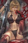  blonde_hair finger_to_mouth gun hellsing highres holding holding_weapon lingerie non-web_source red_eyes seras_victoria underwear vampire weapon 