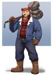  absurd_res anthro bandanna bear boots bottomwear clothed clothing digital_media_(artwork) ear_piercing ear_ring flannel footwear fur genitals gloves hammer handwear hi_res kerchief male mammal pants penis piercing putai22 red_body red_fur ring_piercing simple_background sledgehammer smile solo standing tan_body tan_fur terry_(shai_dreamcast) tools 