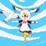  1girl animal bird bird_girl bird_tail bird_wings black-tailed_gull_(kemono_friends) blue_sky bow bowtie dress grey_hair kemono_friends kikuchi_milo long_hair looking_at_viewer multicolored_hair one_eye_closed sailor_dress shoes sky tail thighhighs wings wristband yellow_eyes 