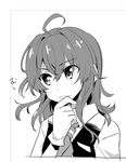  ahoge arashi_(kantai_collection) eyebrows eyebrows_visible_through_hair gloves greyscale hair_between_eyes hand_on_own_chin kantai_collection looking_away looking_to_the_side messy_hair monochrome myama short_hair simple_background solo upper_body vest white_background 