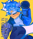 anthro avian beak bird blue_body blue_eyes blue_feathers blue_hair clothing english_text eyewear feather_hands feathers female goggles hair hi_res looking_at_viewer martlet_(undertale_yellow) piko_(artist) ranged_weapon rocket_launcher scarf shirt short_hair solo t-shirt text topwear undertale_(series) undertale_yellow weapon