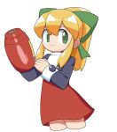  1girl arm_cannon black_sleeves closed_mouth cocia_(kosianko) dress green_ribbon hair_between_eyes hair_ribbon long_hair long_sleeves looking_to_the_side mega_man_(classic) mega_man_(series) ponytail red_dress ribbon roll_(mega_man) sidelocks smile solo weapon white_background 