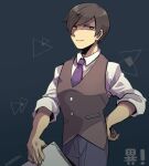  1boy brown_hair collared_shirt fingernails grey_pants grey_vest holding holding_paper kotorai looking_at_viewer male_focus marumaru_no_shuyaku_wa_wareware_da! necktie pants paper parted_lips purple_necktie shirt short_hair signature sleeves_past_elbows solo translation_request vest white_shirt zom 