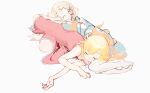  2girls absurdres bare_arms bare_legs barefoot blonde_hair closed_eyes deathtopia_virtuoso_suicide-master dress drooling head_on_another&#039;s_leg highres kicking lying monogatari_(series) multiple_girls nap on_side oshino_shinobu pink_dress pointy_ears saliva shishirui_san sleeping sleeping_on_person strap_slip thick_eyebrows vampire white_background 