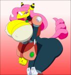 alia_(megaman_x) ampharos anthro armwear big_breasts big_butt bodysuit breasts butt capcom cleavage clothed clothing cosplay eyelashes eyeshadow female fur generation_2_pokemon grey_bodysuit grey_clothing grey_skinsuit hair hi_res huge_breasts hyponx long_hair looking_at_viewer makeup mega_man_(series) mega_man_x_(series) nintendo nipple_outline open_mouth open_smile pink_background pink_eyes pink_eyeshadow pink_hair pokemon pokemon_(species) red_armwear red_clothing red_topwear simple_background skinsuit smile solo thick_thighs tight_clothing topwear white_clothing white_topwear wide_hips yellow_body yellow_fur