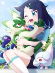  1girl amedamaneko black_hair blue_eyes eyelashes floragato hair_ornament hairclip hatenna highres holding jacket liko_(pokemon) one_eye_closed open_clothes open_mouth pokemon pokemon_(anime) pokemon_(creature) pokemon_horizons shirt shorts smile terapagos terapagos_(normal) white_shirt 