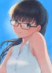  1girl absurdres amagami ayatsuji_tsukasa bare_shoulders black-framed_eyewear black_eyes black_hair glasses gorirakarasu highres long_hair looking_at_viewer parted_lips ponytail shirt sleeveless sleeveless_shirt solo upper_body white_shirt 