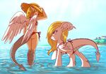  5_fingers adlynh bikini blonde_hair blue_eyes clothing cutie_mark dragon duo equine eyelashes fan_character feathered_wings feathers female feral hair hat hooves human hybrid looking_back mammal my_little_pony partially_submerged pegasus smile standing swimsuit water white_feathers white_skin wings 