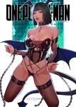  1girl arms_at_sides bat_wings black_hair black_panties black_tube_top blue_wings blunt_bangs bob_cut breasts breasts_apart chain chain_leash closed_mouth collar copyright_name covered_navel covered_nipples cuffs demon_tail fubuki_(one-punch_man) full_body green_eyes green_hair head_wings highres inhoso kneeling large_breasts leash lips low_wings one-punch_man panties red_lips see-through see-through_shirt short_hair sideways_glance solo spiked_collar spiked_cuffs spiked_thigh_strap spikes strapless tail thigh_strap tube_top underwear wings 