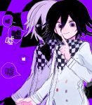  1boy black_hair buttons checkered_clothes checkered_scarf commentary_request danganronpa_(series) danganronpa_v3:_killing_harmony finger_to_mouth hair_between_eyes highres inverted_colors long_sleeves looking_at_viewer male_focus oma_kokichi pomekasu purple_background purple_eyes purple_hair scarf short_hair shushing smile solo speech_bubble upper_body 