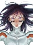  1girl alita alita:_battle_angel android artist_name battle_angel_alita black_hair collarbone english_commentary floating_hair highres korean_commentary long_hair looking_at_viewer mixed-language_commentary portrait purple_eyes simple_background smile solo soyun_won straight-on white_background 