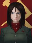  blue_eyes breasts brown_hair emblem eyebrows eyelashes girls_und_panzer hair_between_eyes large_breasts lips military military_uniform minami_koyogi nonna pravda_(emblem) pravda_school_uniform realistic solo turtleneck uniform upper_body 