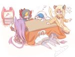  animal_humanoid cat_humanoid feline female group humanoid japanese_text liepard mammal meowstic nintendo persian pok&eacute;mon purugly skitty sleeping table television text unknown_artist video_games weavile 