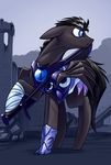  armor black_hair blue_eyes day detailed_background fan_character feral fur grey_fur hair hooves male mammal membranous_wings my_little_pony outside solo standing underpable weapon wings 