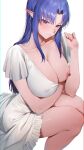  1girl absurdres blue_eyes breasts cleavage collarbone covered_nipples dated_commentary dress elf fate/stay_night fate_(series) highres large_breasts looking_at_viewer medea_(fate) nipples pointy_ears rororo simple_background solo white_background white_dress 