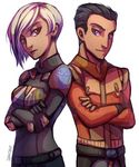  1girl armor artist_name back-to-back blue_eyes blue_hair brown_eyes crossed_arms dark_skin ezra_bridger fingerless_gloves gloves high_collar looking_at_viewer multicolored_hair sabine_wren scar short_hair shoulder_armor star_wars star_wars:_rebels 