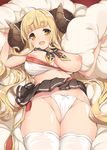  :d ahoge amano_yuu anila_(granblue_fantasy) blonde_hair blush breasts draph eyebrows eyebrows_visible_through_hair granblue_fantasy highres horns large_breasts long_hair looking_at_viewer lying nipples on_back open_mouth panties sheep_horns short_eyebrows skirt smile solo thick_eyebrows thighhighs underwear white_legwear white_panties yellow_eyes 