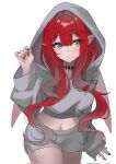  1girl baobhan_sith_(fate) blush closed_mouth cropped_hoodie fate/grand_order fate_(series) grey_eyes grey_hoodie grey_shorts hand_up highres hood hood_up hoodie long_hair looking_at_viewer mikon_(nicknqme) nail_polish navel pointy_ears red_hair red_nails short_shorts shorts sidelocks solo white_background 
