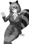  1girl animal_ears breasts buttons collared_shirt commentary_request cowboy_shot futatsuiwa_mamizou greyscale hair_ornament hand_up jacket leaf_hair_ornament long_sleeves looking_at_viewer mib_mamizou monochrome onkn_sxkn raccoon_ears raccoon_girl raccoon_tail round_eyewear shirt short_hair simple_background sitting skirt smile solo tail thighhighs touhou white_background 