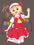  1girl ascot black_background commentary_request crystal_wings fangs flandre_scarlet hat hat_ribbon highres kakone one_side_up open_mouth red_ribbon red_skirt red_vest ribbon short_sleeves simple_background skirt solo thighhighs touhou vest white_thighhighs yellow_ascot 