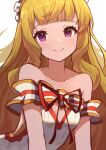  1girl artist_name bare_shoulders blonde_hair blunt_bangs blush breasts cagliostro_(granblue_fantasy) cleavage clothing_cutout curly_hair dress granblue_fantasy highres long_hair looking_at_viewer off-shoulder_dress off_shoulder official_alternate_costume punished_pigeon purple_eyes red_ribbon ribbon side_cutout sidelocks signature sleeveless sleeveless_dress small_breasts smile tiara upper_body very_long_hair white_background 