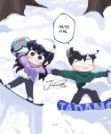  1boy 1girl absurdres artist_name black_gloves black_hair black_pants character_name chibi commentary english_text flower full_body gloves goggles green_jacket hair_flower hair_ornament highres holding_hands j_humbo jacket komi-san_wa_komyushou_desu komi_shouko long_hair looking_to_the_side lying no_mouth no_nose on_back outstretched_arms pants purple_eyes purple_hair purple_jacket short_hair signature ski_goggles snow_on_body snow_on_head snowboard sweat tadano_hitohito 
