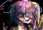  1boy bandages bishounen black_background black_gloves code_geass code_geass:_boukoku_no_akito commentary_request crying crying_with_eyes_open czen eyelashes eyepatch gloves hair_between_eyes high_collar highres julius_kingsley male_focus messy_hair open_mouth pink_lips portrait purple_eyes purple_hair short_hair solo sparkle swept_bangs tears teeth 