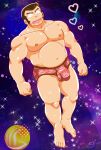  1boy artist_name bara brown_hair bulge clenched_hands closed_eyes facial_hair floating heart long_sideburns male_focus male_underwear muscular muscular_male night night_sky onsen-mark onsen_symbol open_mouth pectorals plump red_male_underwear sho_(432054) short_hair sideburns sideburns_stubble sky smile solo sparkle stubble underwear urusei_yatsura 
